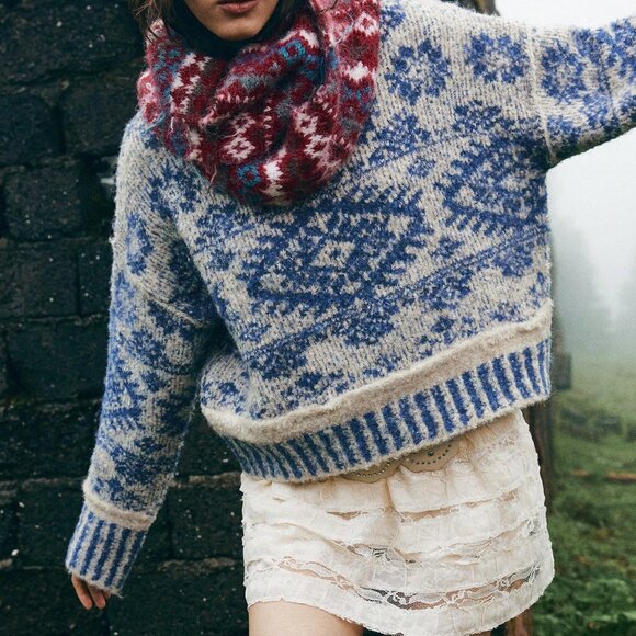 Blue And White Boho Women's Fuzzy Sweater - Picture 10 of 11